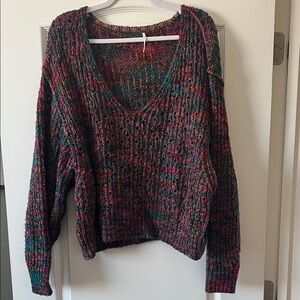 FP Movement by Free People Marled V-Neck Sweater in Teal, Burgundy & Rust